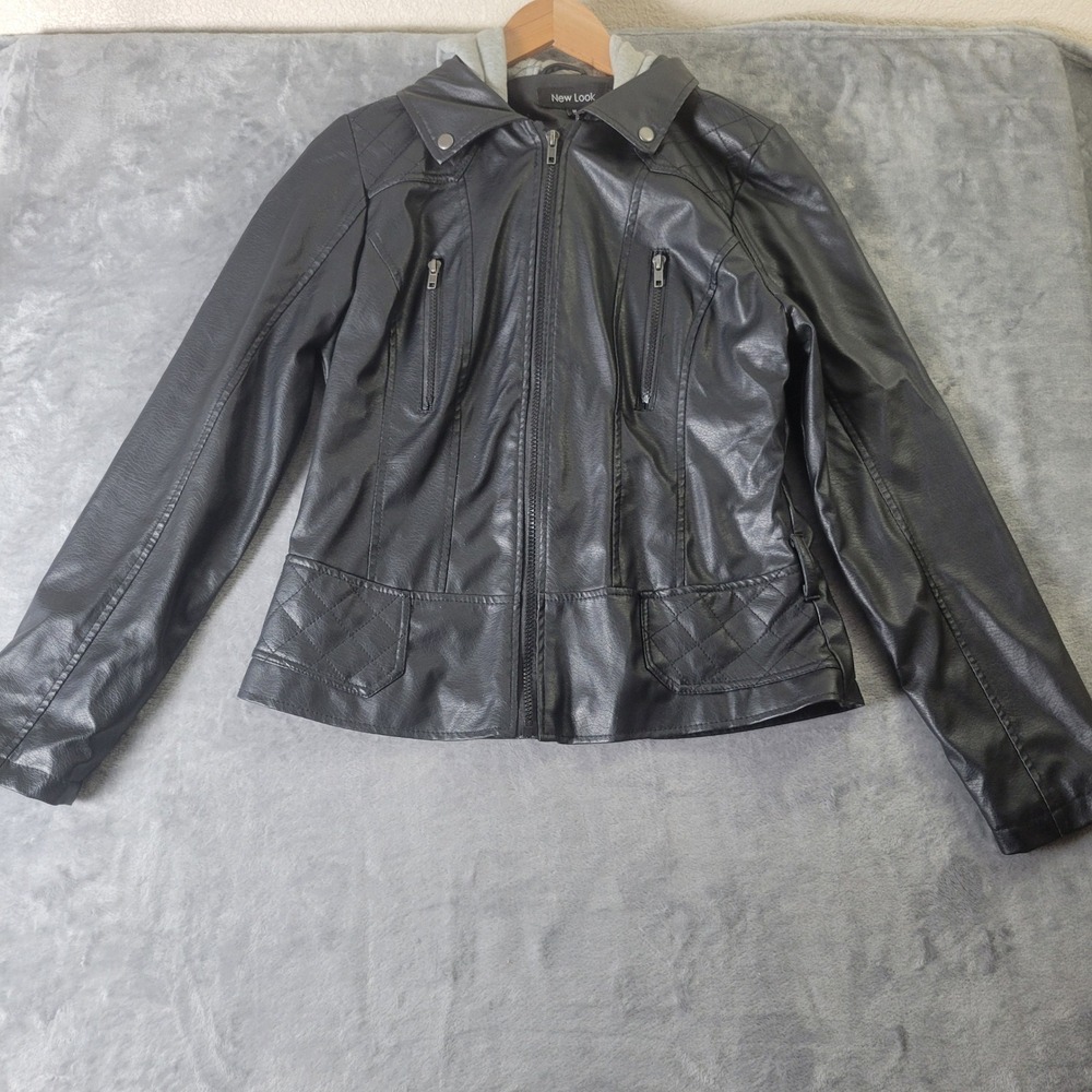 New Look Faux Leather Jacket M Grey Hooded Layered Moto Indie Sleaze Y2K